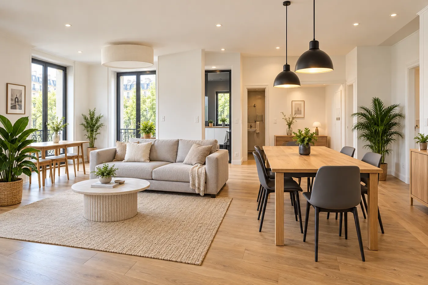 Séjour d'appartement rénové avec suspensions au-dessus de la table, spots encastrés et interrupteurs alignés