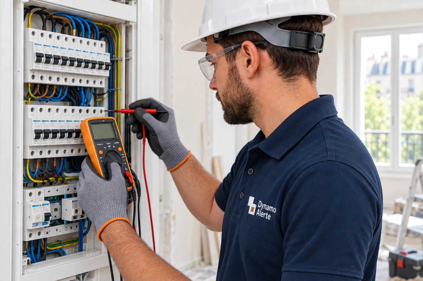 Électricien Dynamo Alerte en polo marine contrôlant un tableau électrique au multimètre, casque et lunettes de protection