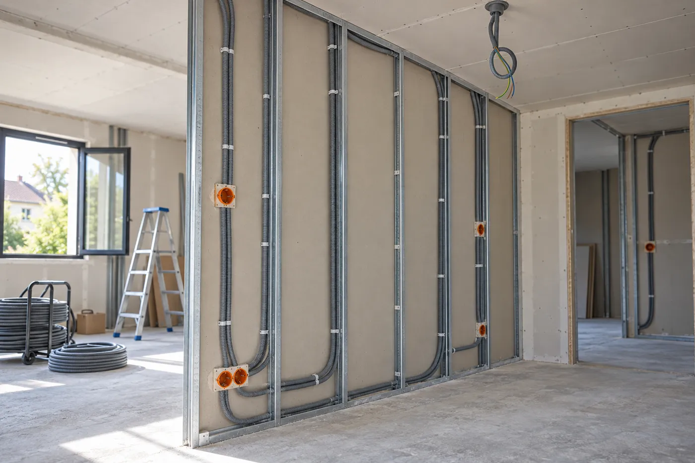 Cloison de maison en construction avec gaines électriques et boîtes d'encastrement posées avant les finitions